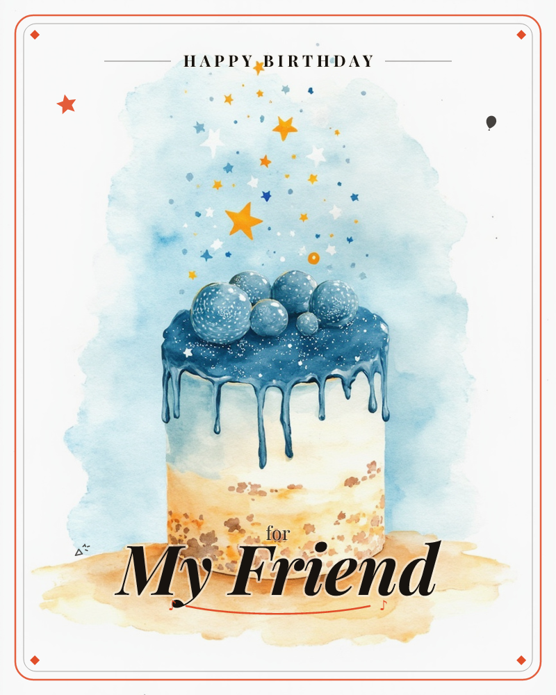 A tall celebration cake stands against a soft blue watercolour wash, its top glazed in deep navy icing that drips down the sides and studded with…, a birthday e-card design