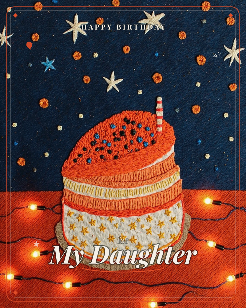 An embroidered layered cake sits against a deep navy night sky stitched with cream and blue stars and scattered orange dots, one striped candle…, a birthday e-card design