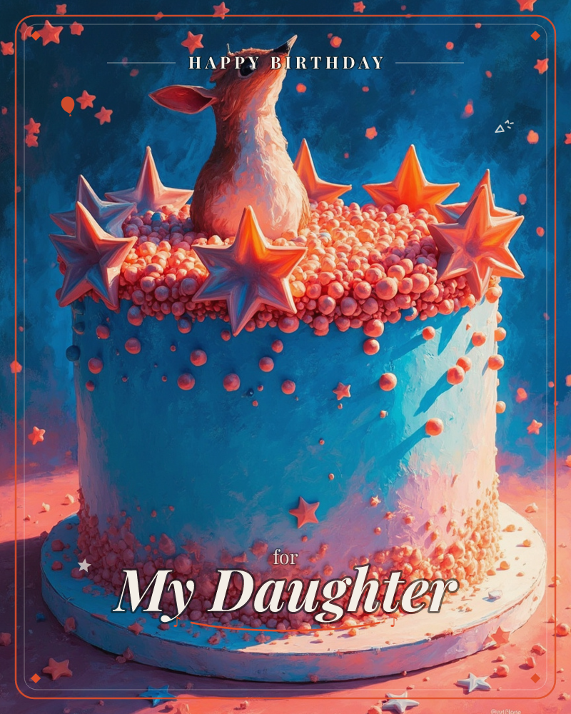 A round blue-frosted cake sits centre stage, its top scattered with pearly beads and studded with a ring of glossy stars, while a small painted mouse…, a birthday e-card design