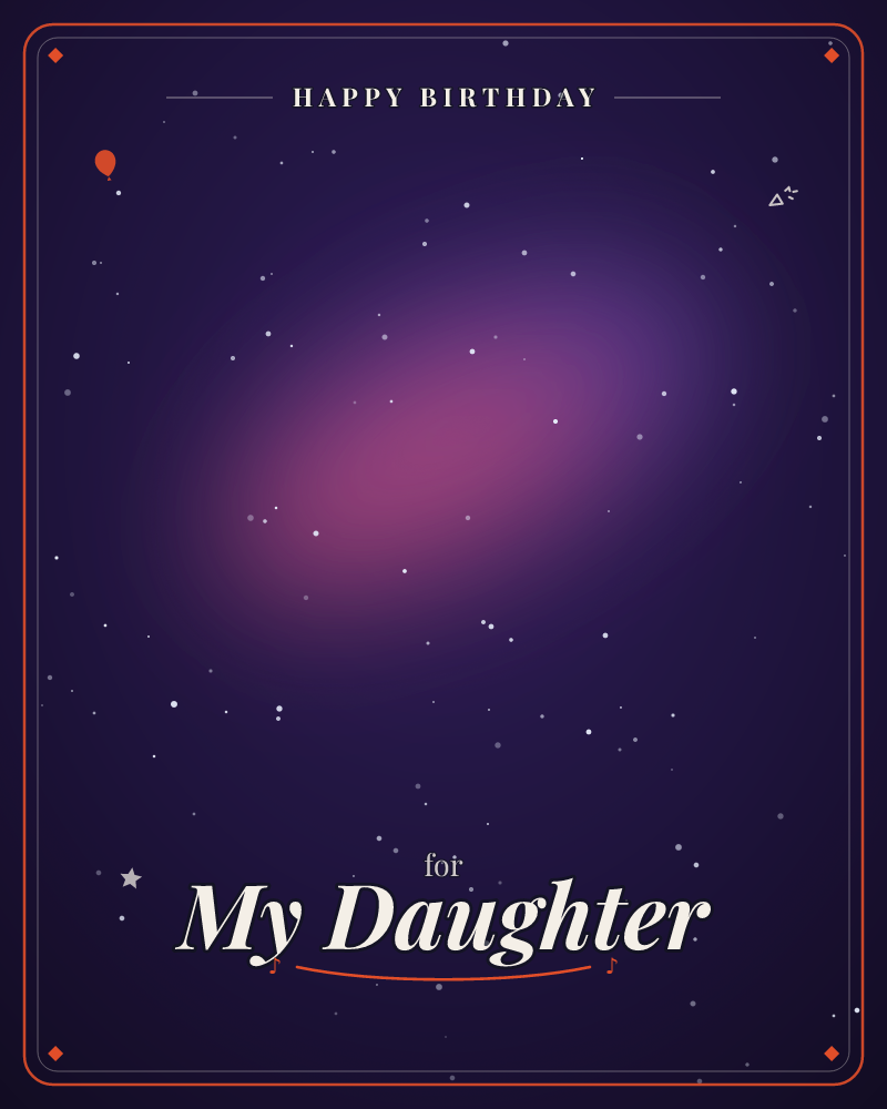 A hazy pink-violet nebula glows at the centre of a deep indigo night sky, scattered with tiny white stars of varying brightness, a birthday e-card design by @DittyCityTeam