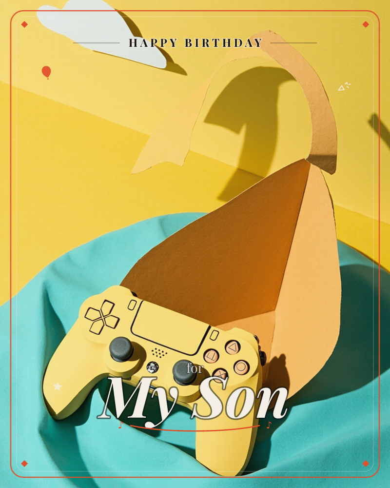 A yellow game controller sits nestled inside a paper-craft banana peel, propped on a rippling teal fabric backdrop with a cut-out cloud floating above…, a birthday e-card design