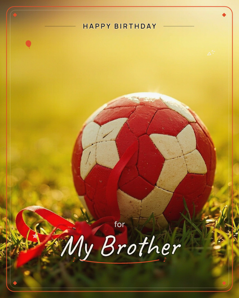 A worn red-and-white football sits on a sunlit patch of grass, a loose red ribbon curling beside it, a birthday e-card design