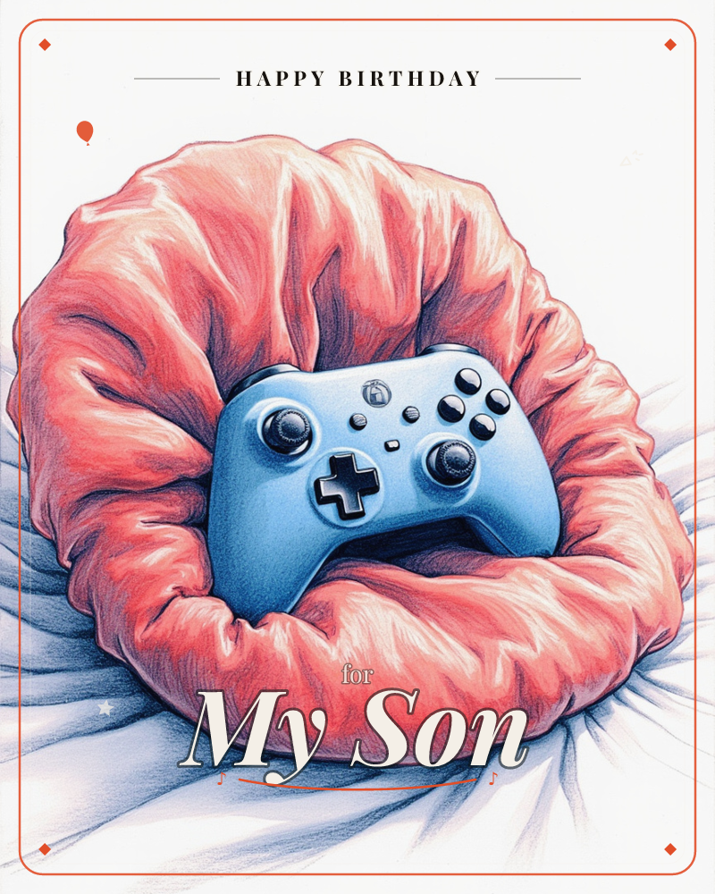 A blue game controller rests cradled in the soft folds of a plush red beanbag, set on a white bed with rumpled sheets, a birthday e-card design