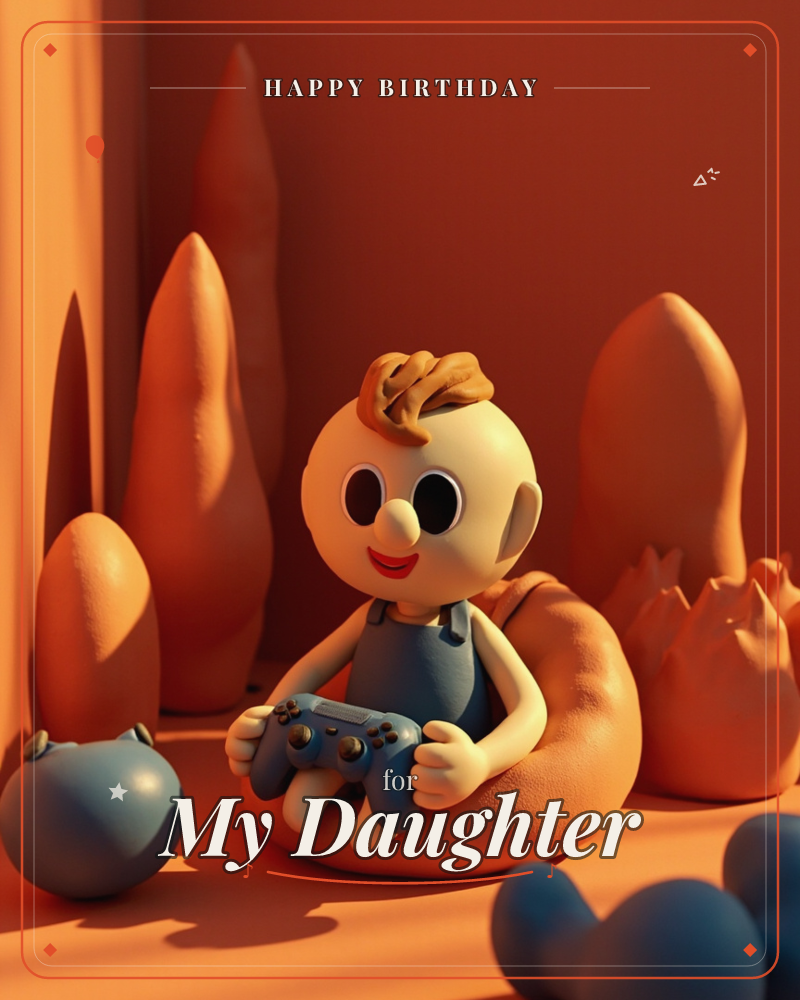 A round-headed toy figure with big dark eyes sits nestled in a plump orange cushion, gripping a blue game controller with both hands, a birthday e-card design