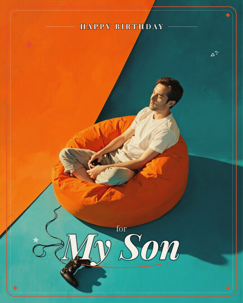 A man sits cross-legged in a large orange bean bag, eyes closed and face tilted toward the light, one game controller resting in his lap while a second…, a birthday e-card design