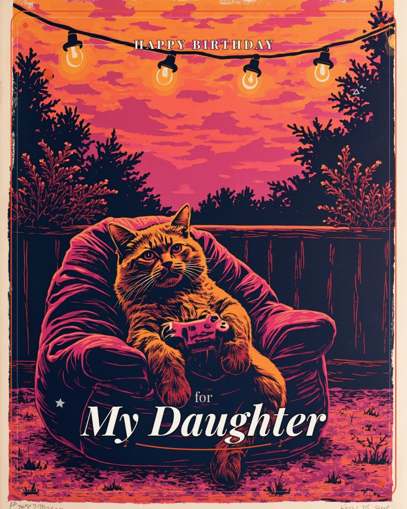 A ginger cat lounges deep in a plump bean bag chair on a backyard patio, paws resting on a game controller as if mid-round, a birthday e-card design