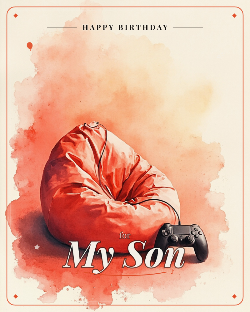 A slouched red bean bag chair sits alone against a warm cloud of watercolour wash, a game controller trailing its cord onto the floor beside it, a birthday e-card design