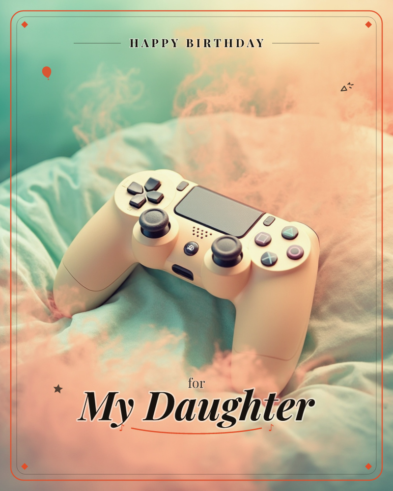 A white game controller rests on rumpled bedding, its buttons and joysticks catching soft light, a birthday e-card design