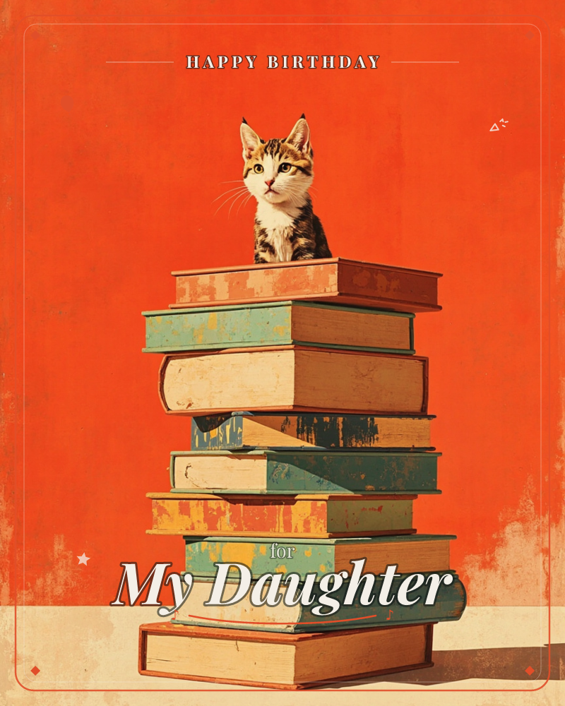 A tabby kitten perches proudly atop a tall, leaning stack of worn hardback books, its ears pricked and eyes wide against a bold, textured orange backdrop, a birthday e-card design