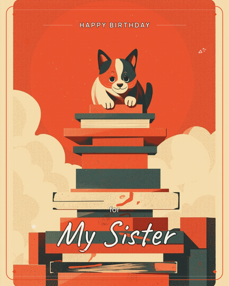 A black-and-white cat perches proudly atop a towering stack of books, paws draped over the top cover, set against a glowing burnt-orange sky with soft…, a birthday e-card design