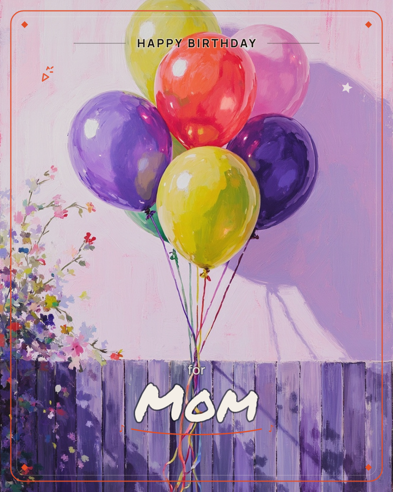 A cluster of glossy balloons in yellow, coral, pink, and purple floats above a lilac-toned wooden fence, their ribbons trailing down in loose curls, a birthday e-card design