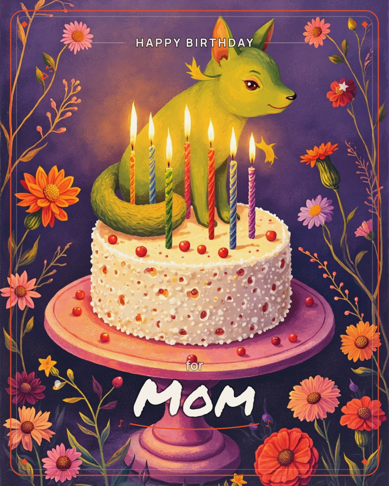 A whimsical green creature with fox-like ears and a long curling tail perches atop a white speckled cake studded with red berries, surrounded by a ring…, a birthday e-card design