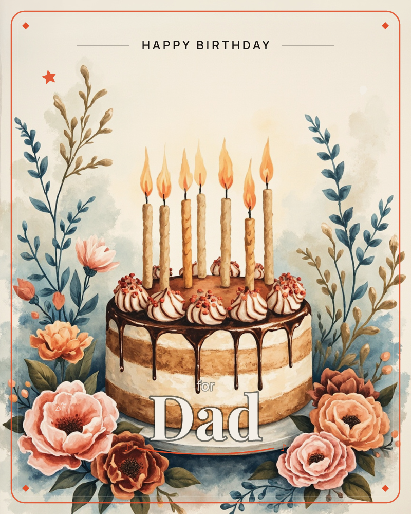 A layered cake with drizzling chocolate ganache and dolloped cream sits topped with seven lit candles, their flames glowing softly against a pale cream…, a birthday e-card design