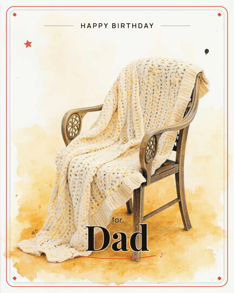 A wooden armchair with carved medallion armrests sits against a warm, softly washed golden background, draped in a thick cream knitted throw flecked…, a birthday e-card design