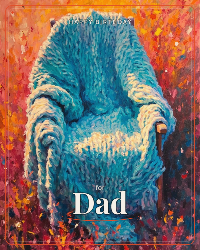 A thick, chunky-knit turquoise blanket is draped over a wooden armchair, painted in loose, textured brushstrokes that make the wool look almost sculptural, a birthday e-card design
