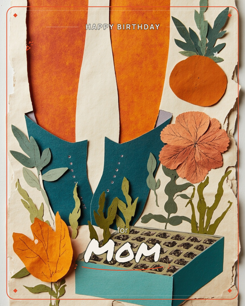 A paper-craft collage shows a pair of tall teal boots with tiny buttoned seams, from which two orange striped legs rise up and out of frame, a birthday e-card design