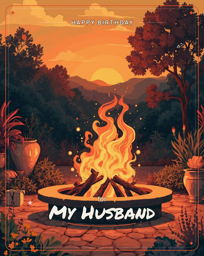A stone fire pit blazes at the center of a paved garden courtyard, its curling flames and drifting embers glowing against a hazy orange sunset sinking…, a birthday e-card design