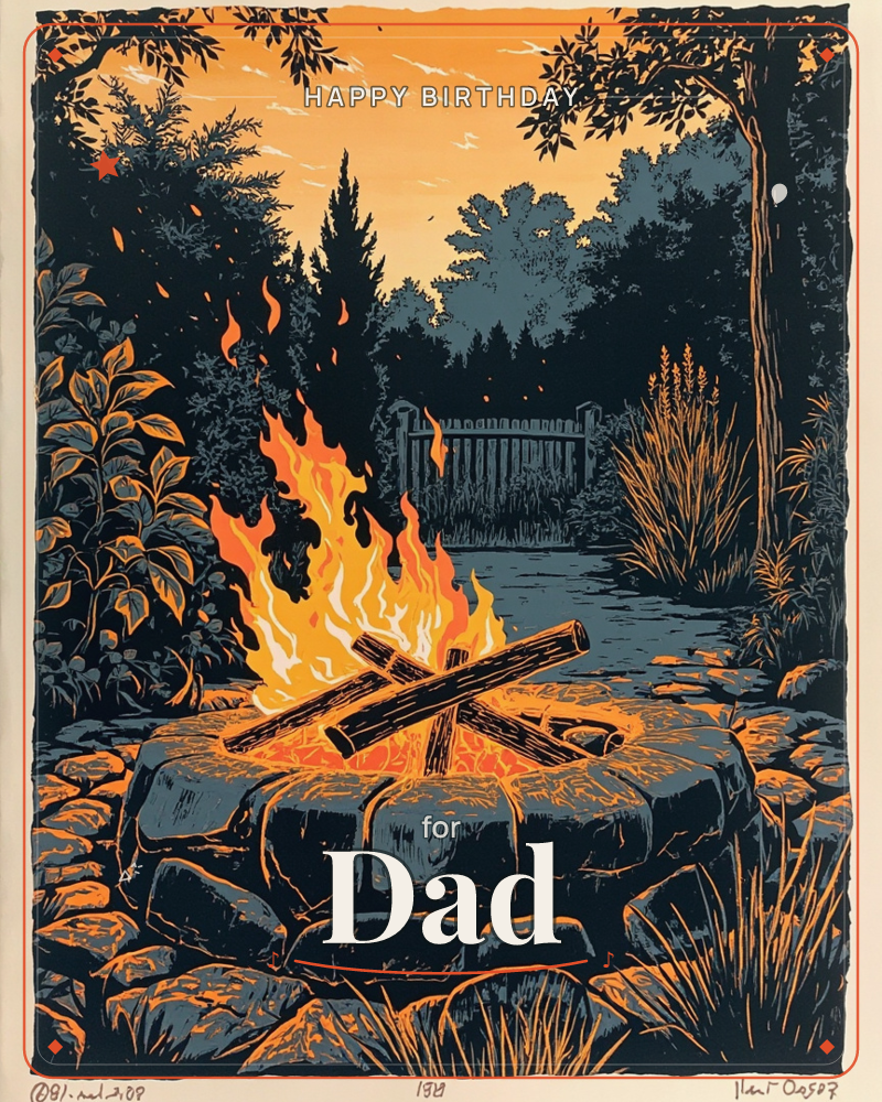 A stone-ringed campfire blazes in a backyard garden at dusk, crossed logs glowing orange against a slate-blue sky, a birthday e-card design