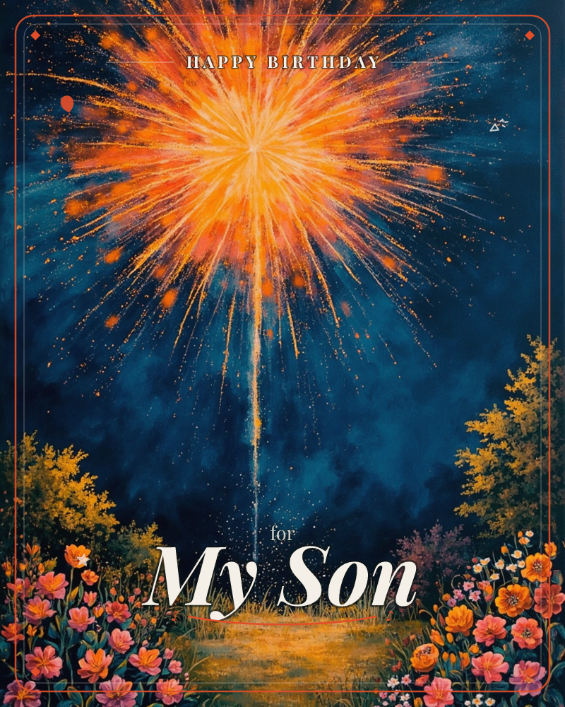 A single firework bursts open in a deep navy night sky, its orange and gold sparks radiating out above a garden path lined with wild blooms in pink…, a birthday e-card design