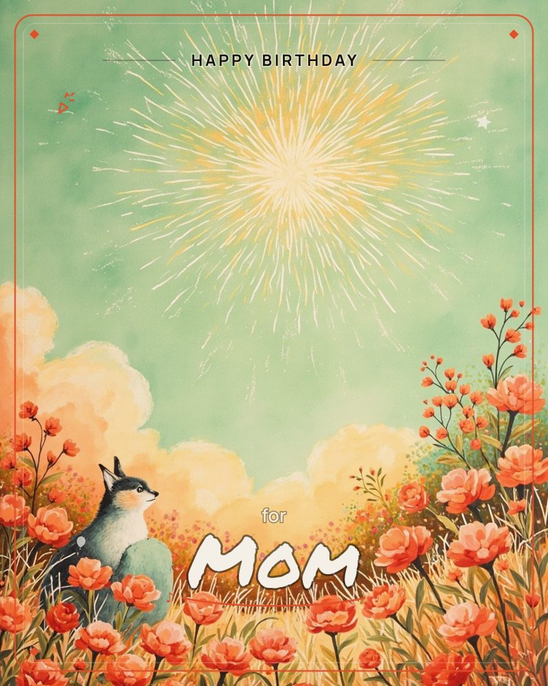 A fox sits quietly among coral-orange blossoms, gazing up at a burst of golden light radiating across a soft sage-green sky, a birthday e-card design