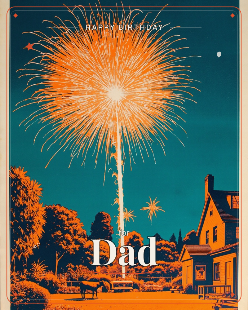 A giant firework bursts over a suburban neighborhood, its orange sparks radiating against a deep teal night sky, a birthday e-card design