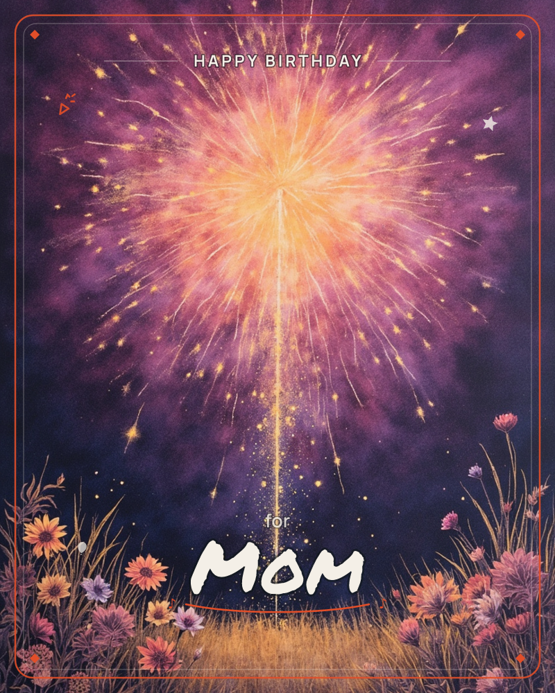 A single firework bursts high above a dark meadow, its golden trail rising from a field of wildflowers and tall grass into a deep violet night sky, a birthday e-card design