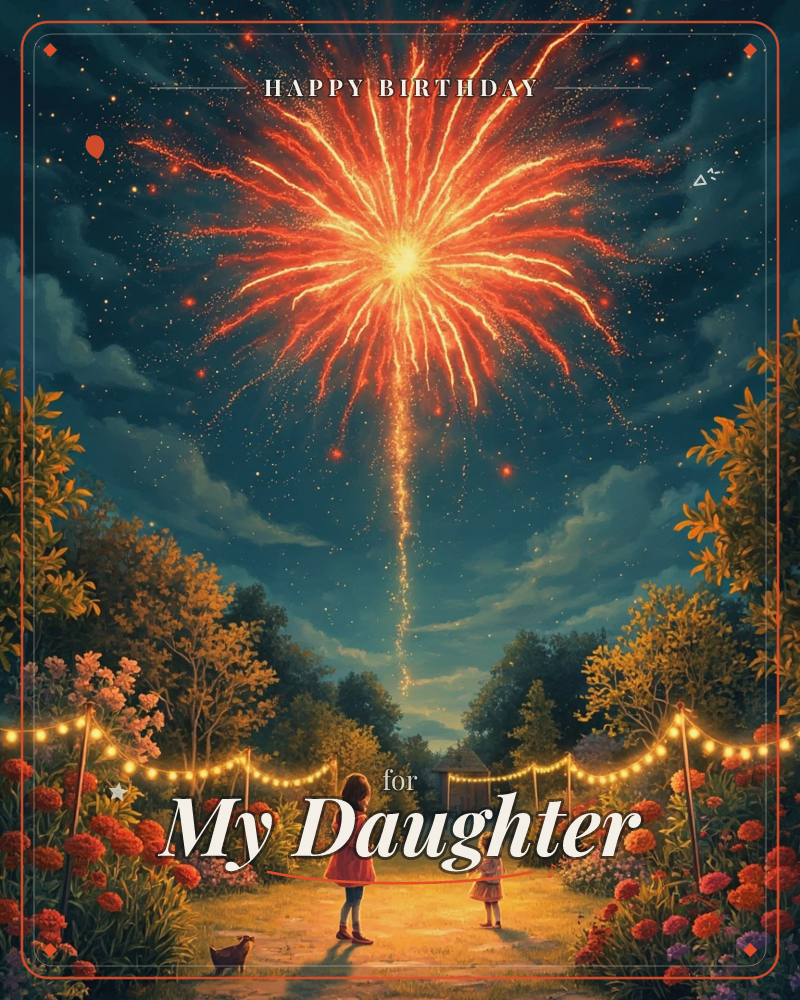 A woman and a small child stand hand-close in a flower-lined garden path strung with fairy lights, watching a burst of red-gold fireworks explode above…, a birthday e-card design