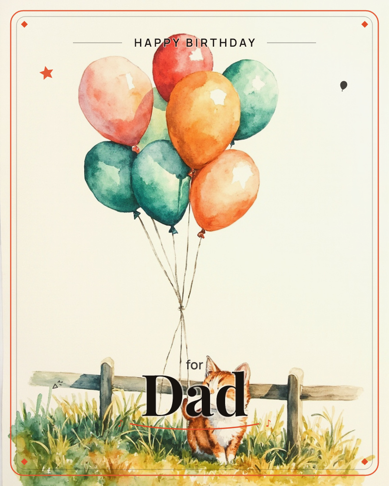 A small ginger and white kitten sits in tall grass by a wooden fence, its tail curled up as it holds a bunch of seven balloons in red, pink, orange and…, a birthday e-card design
