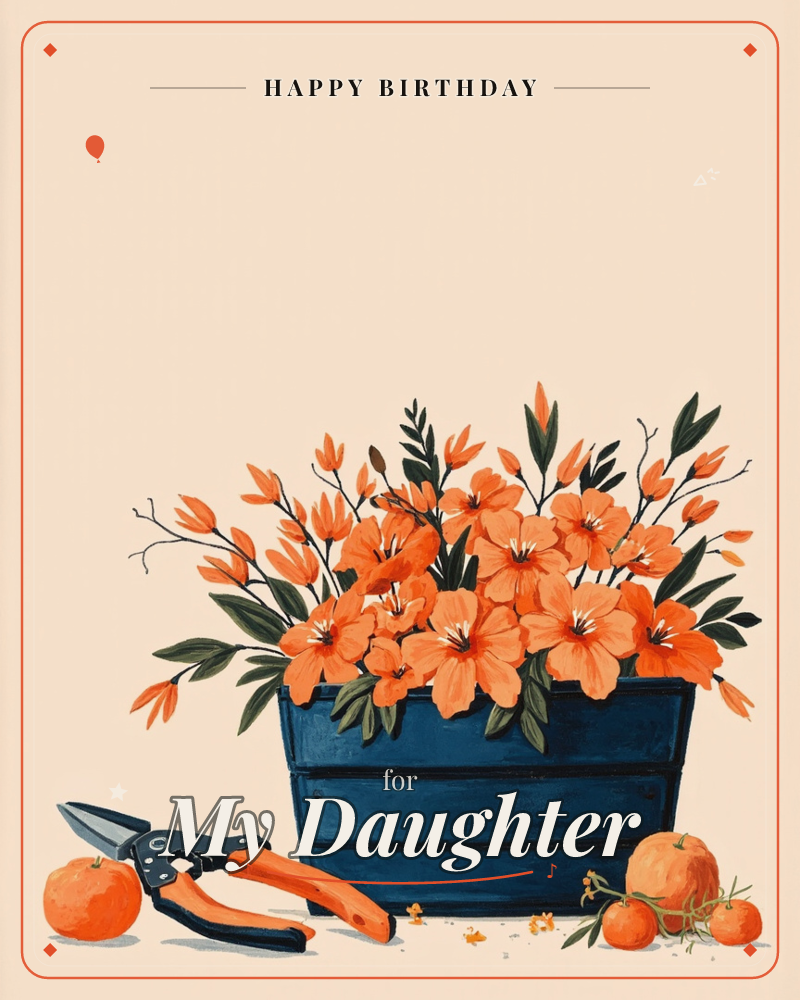 A navy wooden planter overflows with bright orange blossoms and dark green leafy sprigs, set against a soft cream background, a birthday e-card design
