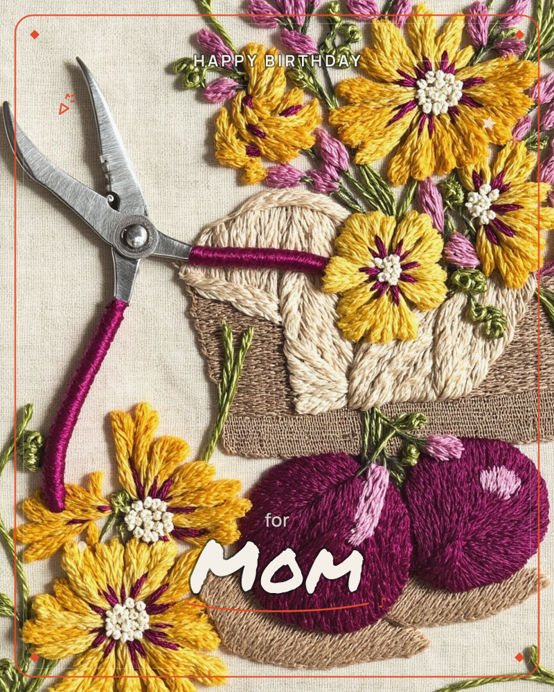 An embroidered still life on natural linen shows a woven basket overflowing with golden daisies and sprigs of lavender, with a pair of garden snips…, a birthday e-card design
