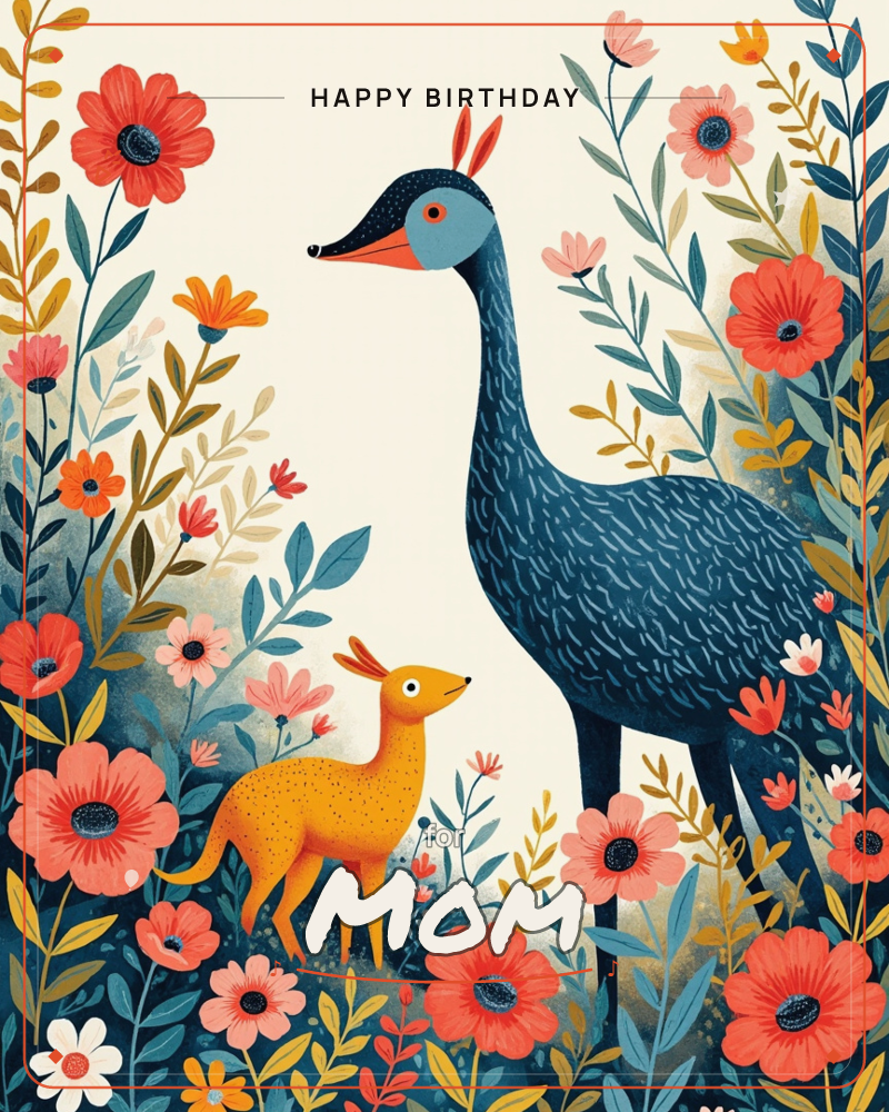 A tall dark-feathered bird with a pale blue face and coral beak stands amid a dense garden of stylised poppies and leafy branches, gazing down at a…, a birthday e-card design