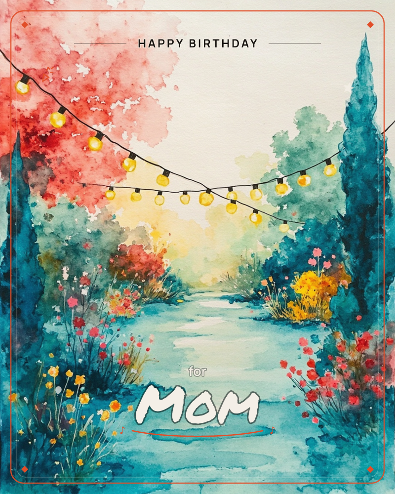 A watercolour garden path winds between tall teal cypress trees, edged with clusters of pink, yellow and coral blooms, a birthday e-card design