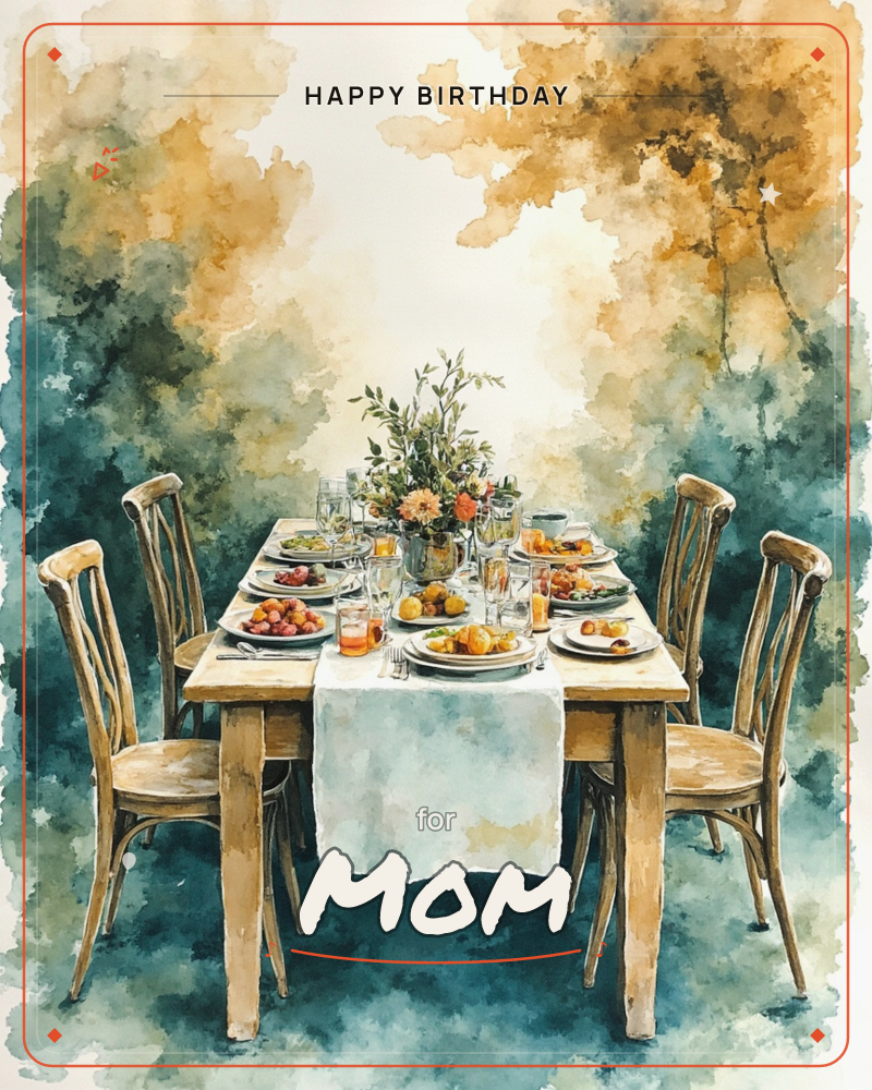 A wooden dining table is set for six beneath a canopy of golden autumn foliage, with plates of fruit, laid cutlery, and a floral centerpiece running…, a birthday e-card design