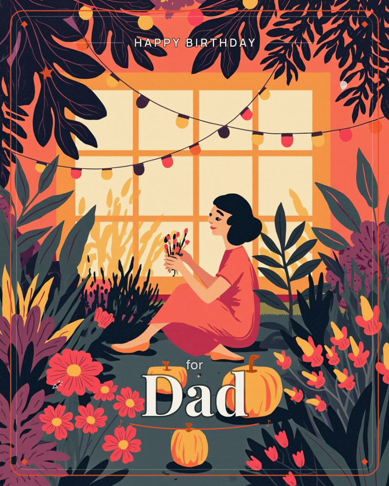 A woman in a coral dress sits barefoot amid a lush garden of flowers and pumpkins, holding a small bunch of blooms in her hands, a birthday e-card design
