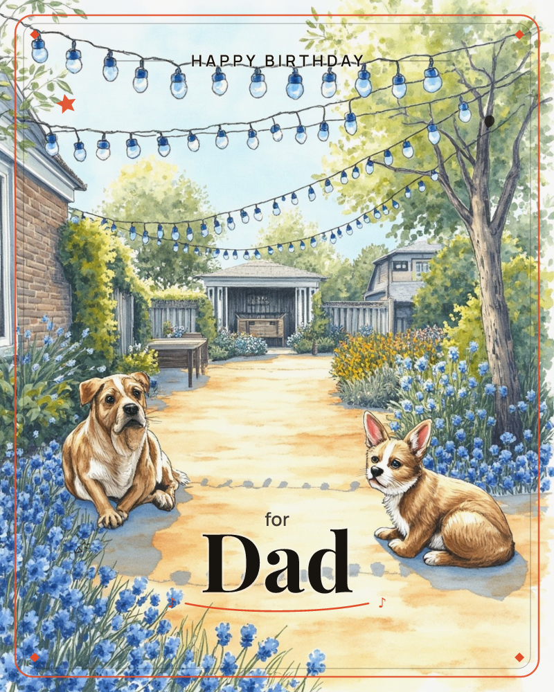 A sunlit backyard path is lined with tall blue flowers, with two dogs resting on the pale stone walkway, a birthday e-card design