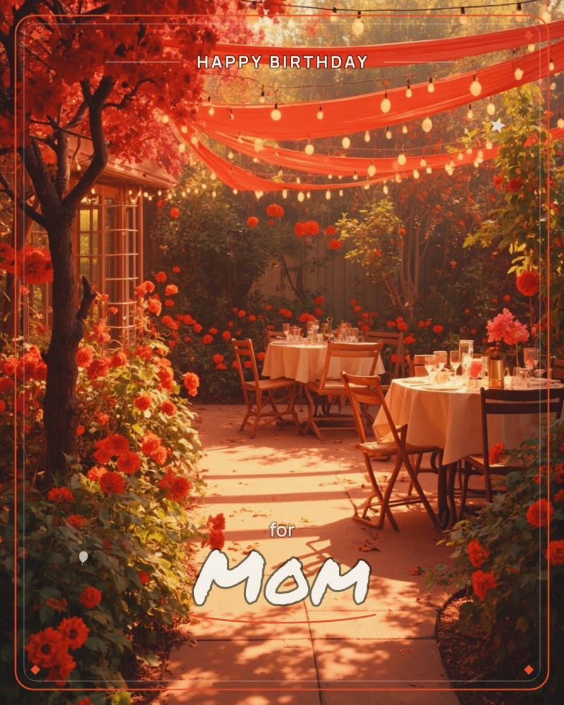 A garden courtyard glows in warm late-afternoon light, with red fabric drapes and strings of bulbs stretched overhead between the trees, a birthday e-card design