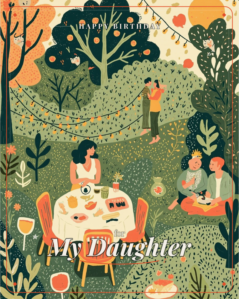 A garden party unfolds beneath dense orange-dotted trees strung with fairy lights, the round table set with plates and a teapot waiting under a warm…, a birthday e-card design