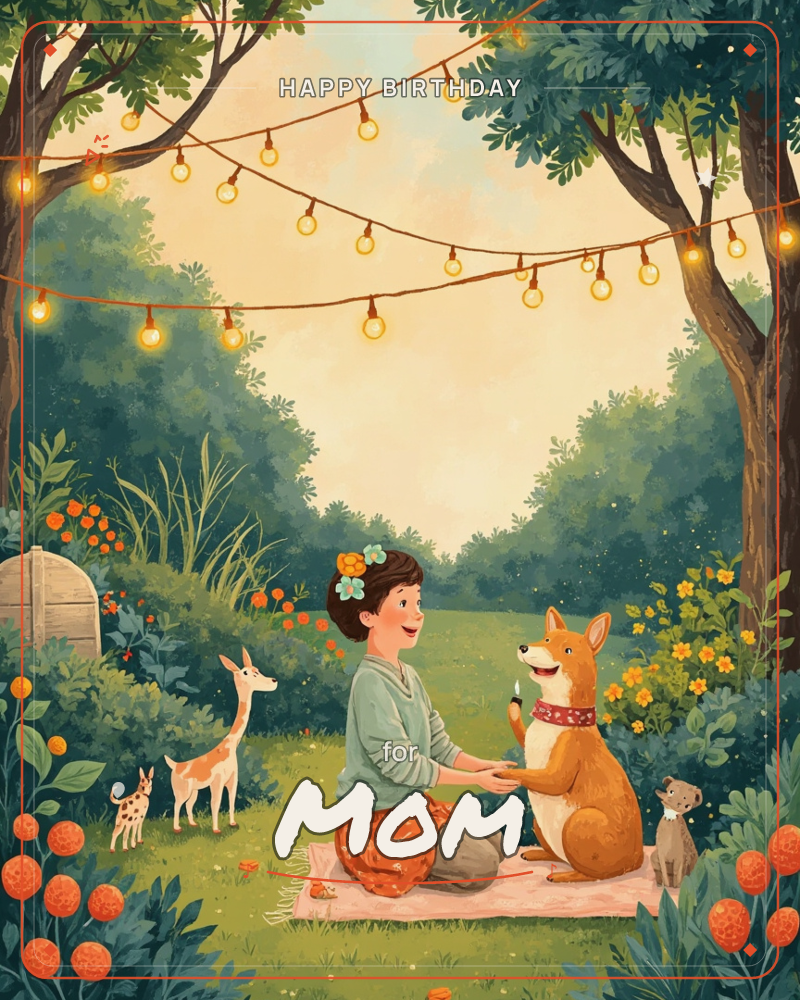 A woman with flowers in her hair kneels on a blanket in a lush garden at dusk, laughing as she shares a treat with a corgi wearing a red scarf, while a…, a birthday e-card design
