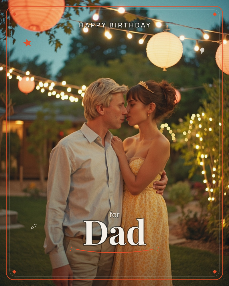 A couple stands close together in a twilight garden, foreheads nearly touching, beneath strings of glowing fairy lights and paper lanterns in coral and…, a birthday e-card design