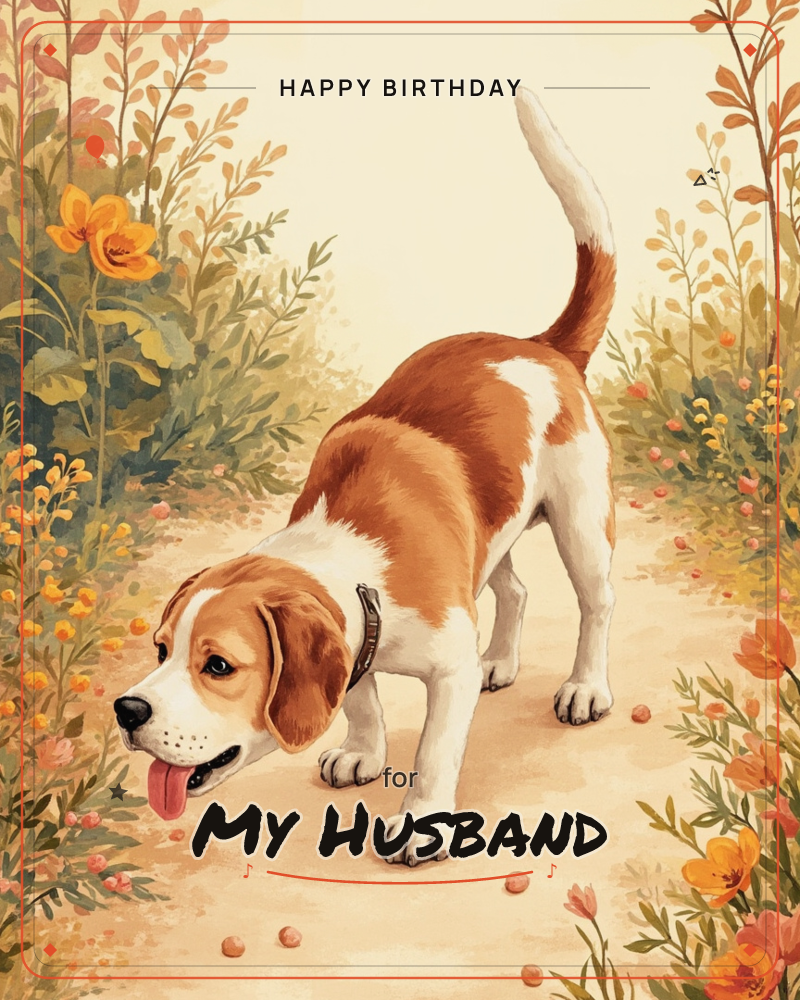 A beagle with its tail up and tongue out sniffs along a garden path lined with wild orange and yellow blooms, a birthday e-card design