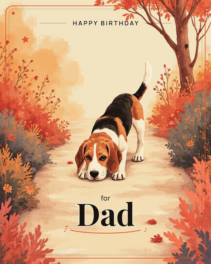 A beagle crouches low on a garden path in a playful play-bow, tail curled up and nose almost touching the ground, ready to pounce, a birthday e-card design