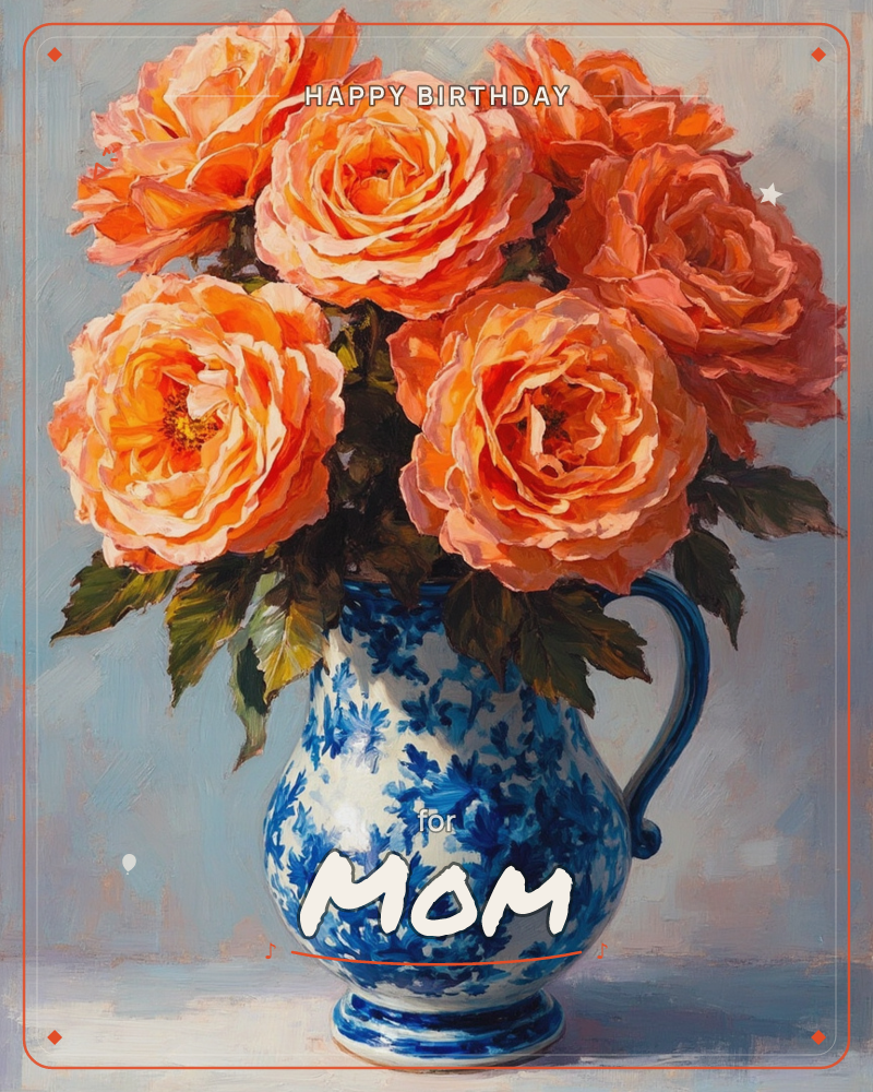 A cluster of full-blown orange and coral roses spills from a blue-and-white patterned pitcher, painted with loose, buttery brushstrokes against a soft…, a birthday e-card design