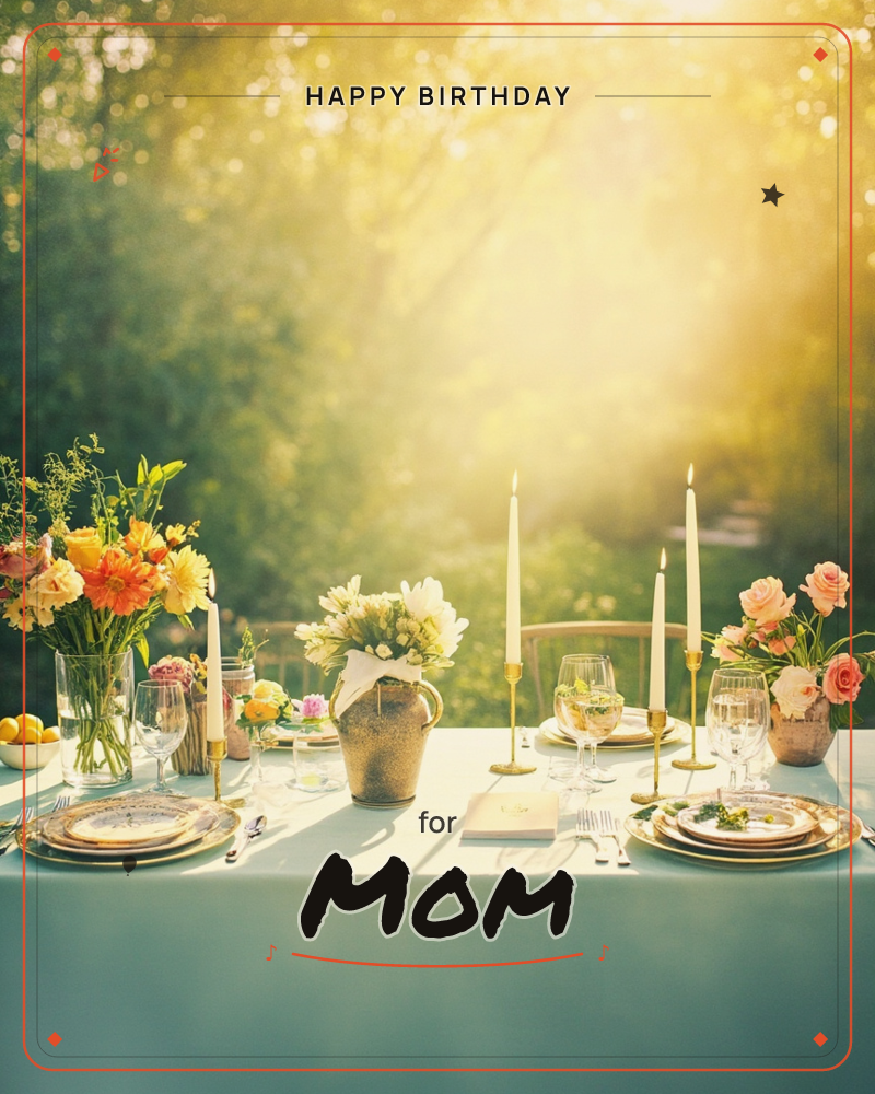 An outdoor table is set for a celebration, dressed in a pale blue cloth with gold-rimmed plates, wine glasses, and slim white candles, a birthday e-card design