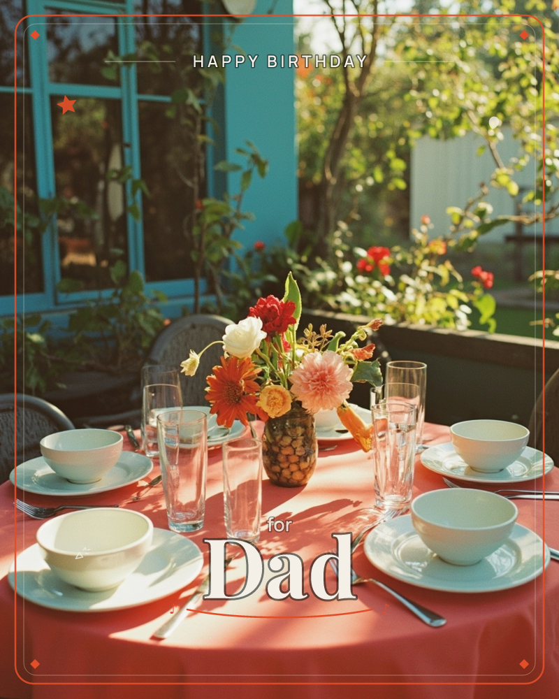 An outdoor table is set for a gathering, draped in a coral-red cloth with white bowls, plates, and empty glasses catching the afternoon light, a birthday e-card design