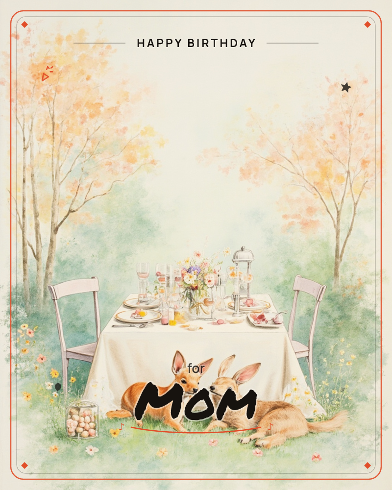 A small dressed table waits in a sunlit meadow, laid with a white cloth, wine glasses, a posy of wildflowers and a domed silver dish, flanked by two…, a birthday e-card design