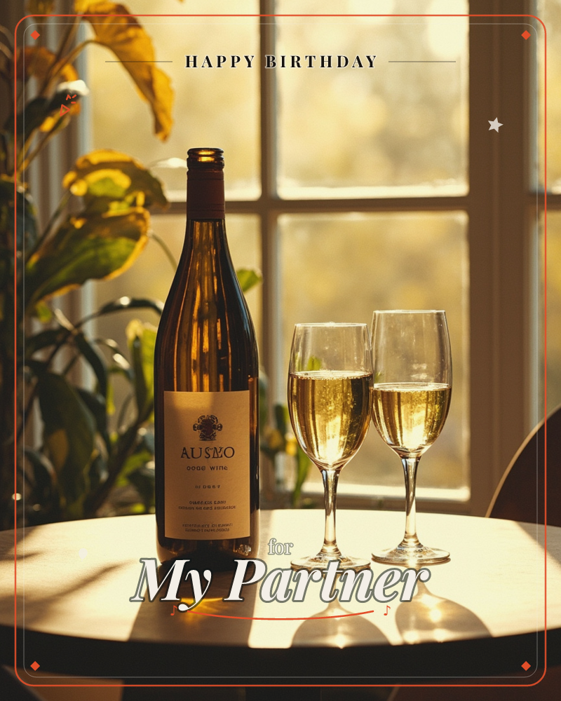 A bottle of white wine stands on a round wooden table beside two filled glasses of sparkling gold liquid, backlit by warm afternoon sun pouring through…, a birthday e-card design