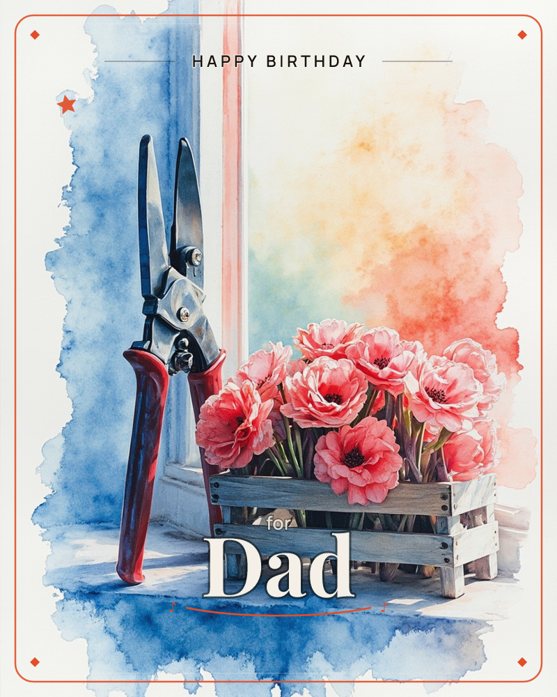 A pair of red-handled garden shears leans against a windowsill beside a small wooden crate crowded with pink poppies, a birthday e-card design