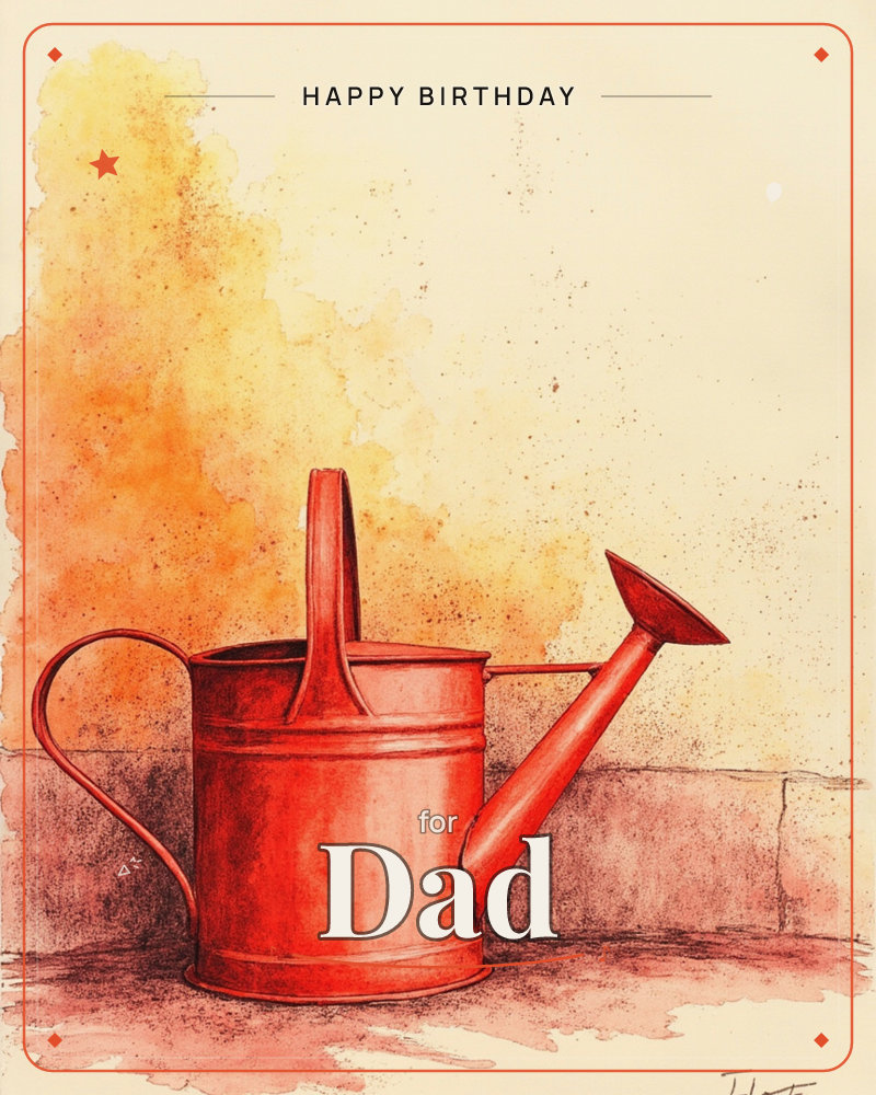 A red metal watering can sits on a stone ledge, rendered in fine ink linework with a loose wash of gold and orange bleeding behind it like a sunlit haze, a birthday e-card design