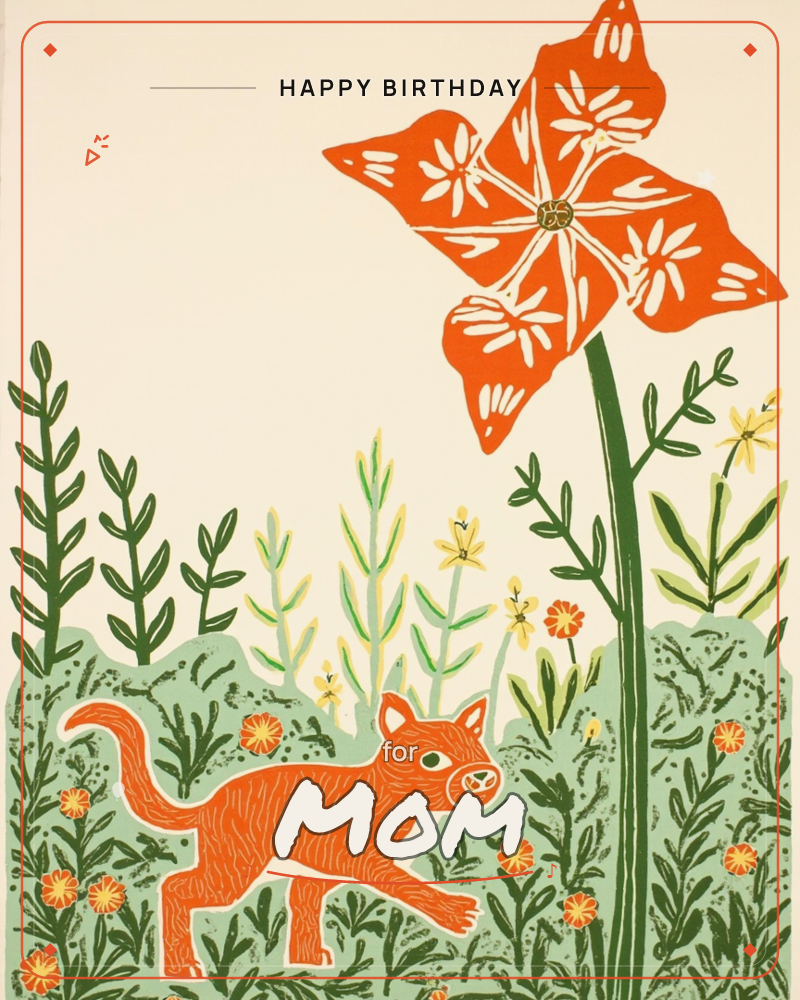 A bold linocut-style print shows an orange cat prowling through a garden of tall stems and small flowers, dwarfed by one giant star-shaped orange bloom…, a birthday e-card design