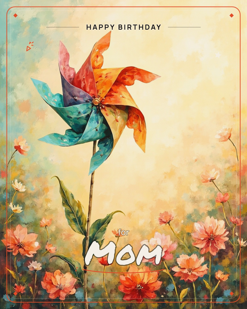 A colourful paper pinwheel stands on a wooden stick in the middle of a soft, dreamy meadow, its petals painted in teal, coral, gold and plum, a birthday e-card design